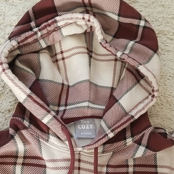 TNA Red and Cream Plaid Long Sleeve Hoodie - Picture 2 of 5